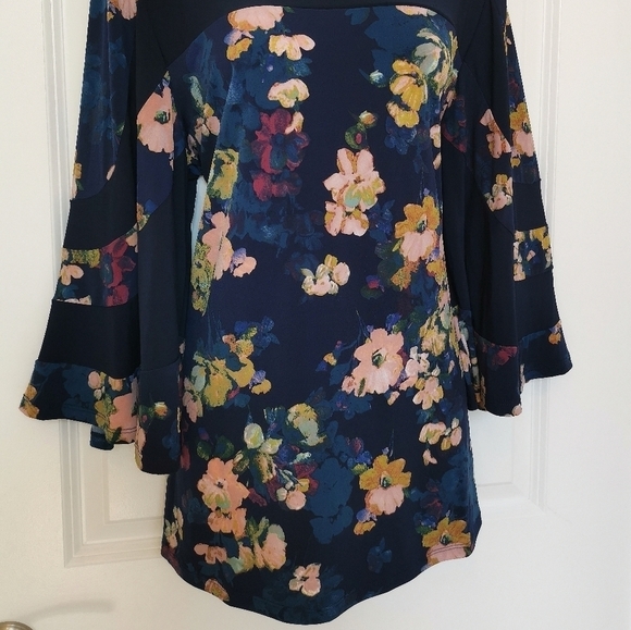 Nina Leonard Navy Blue Floral Jersey Top Large - Picture 11 of 13